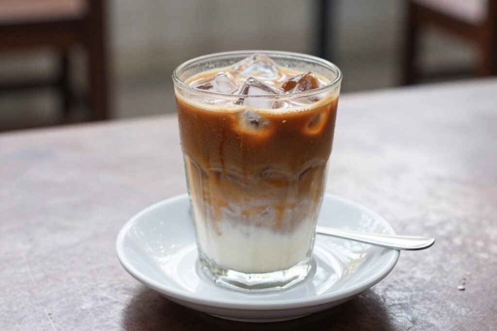 Traditional Vietnamese iced coffee in glass on cafe table