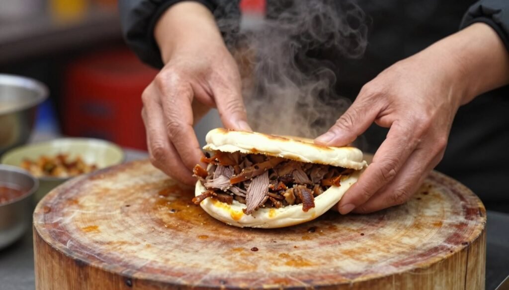 Traditional Xi'an roujiamo Chinese hamburger being prepared