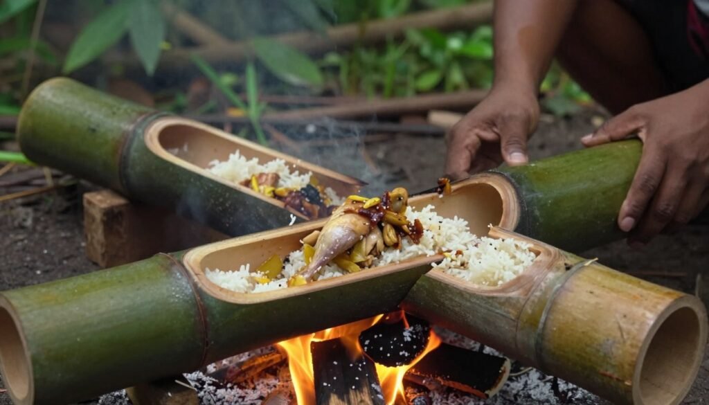 Traditional bamboo cooking over fire