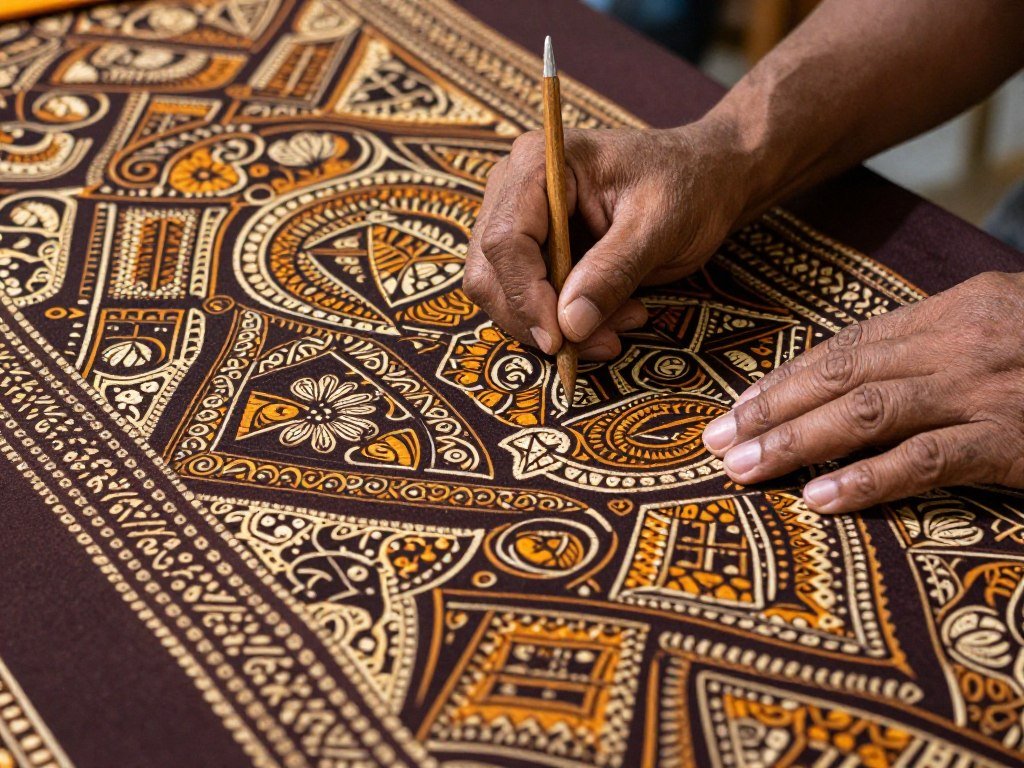 Traditional batik fabric with intricate patterns being displayed