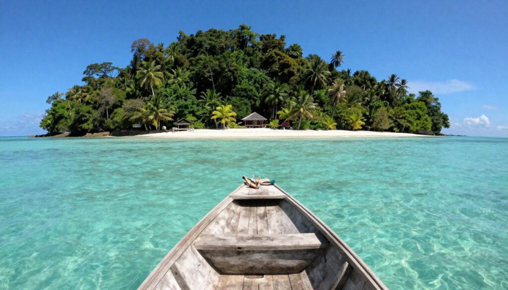 Traditional boat approaching Menjangan Island shore