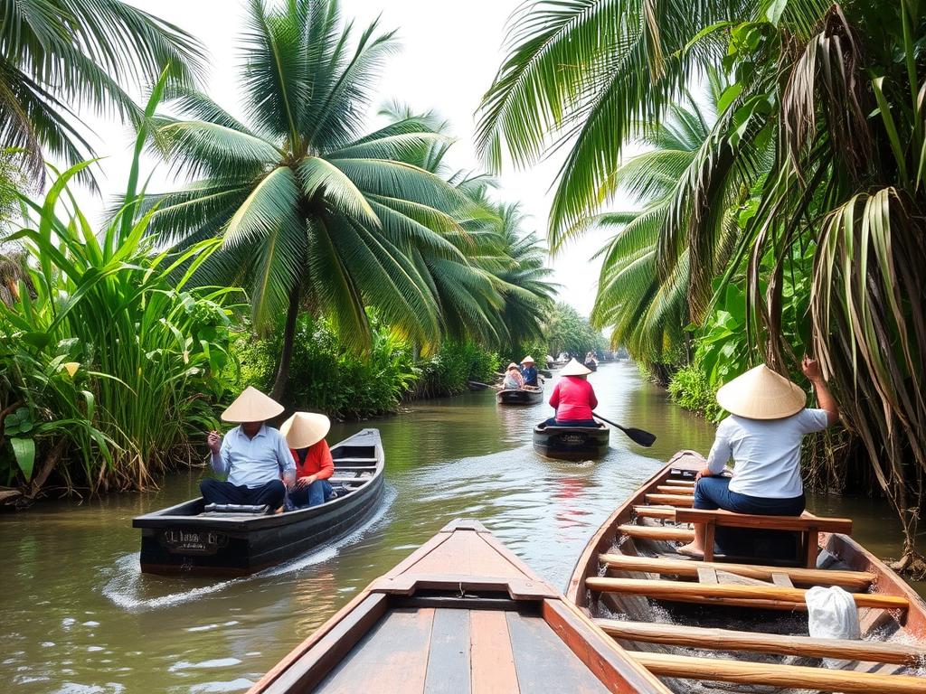 Traditional boats navigating through the Mekong Delta waterways - Vietnam Travel Guide