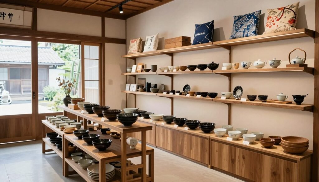 Traditional craft shop displaying Japanese ceramics and crafts