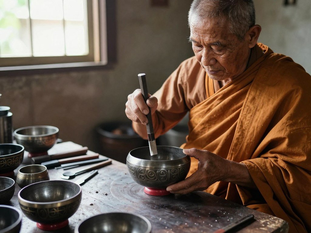 Traditional craftsman hammering monk alms bowl in Bangkok village workshop