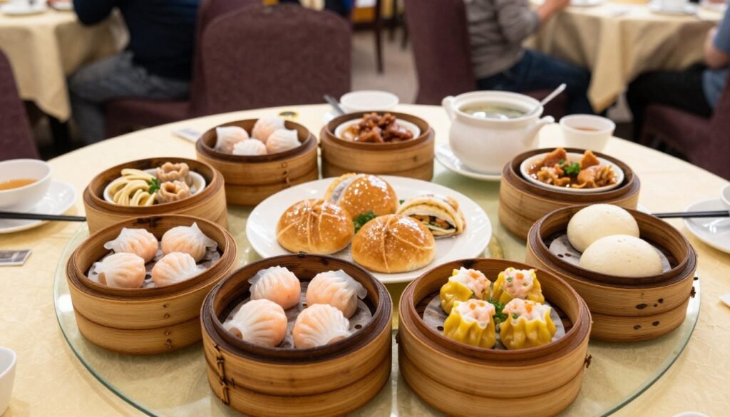 Traditional dim sum breakfast spread at Hong Kong restaurant