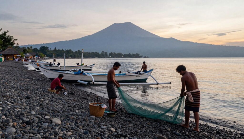 Traditional fishing boats on Medewi Beach at dawn