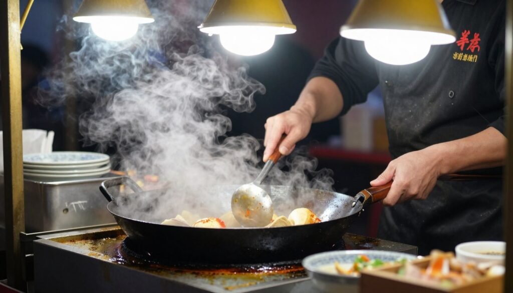 Traditional food being prepared at night market stall