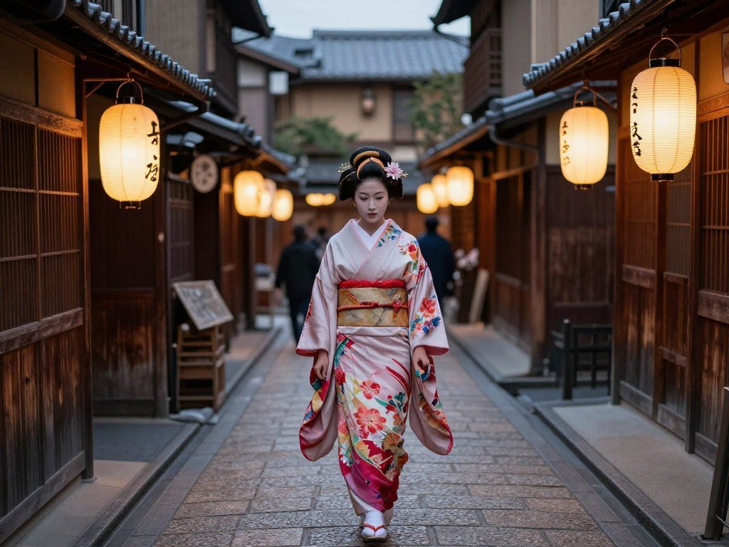 Traditional geisha walking along Gion district street at twilight Traditional geisha walking along Gion district street at twilight