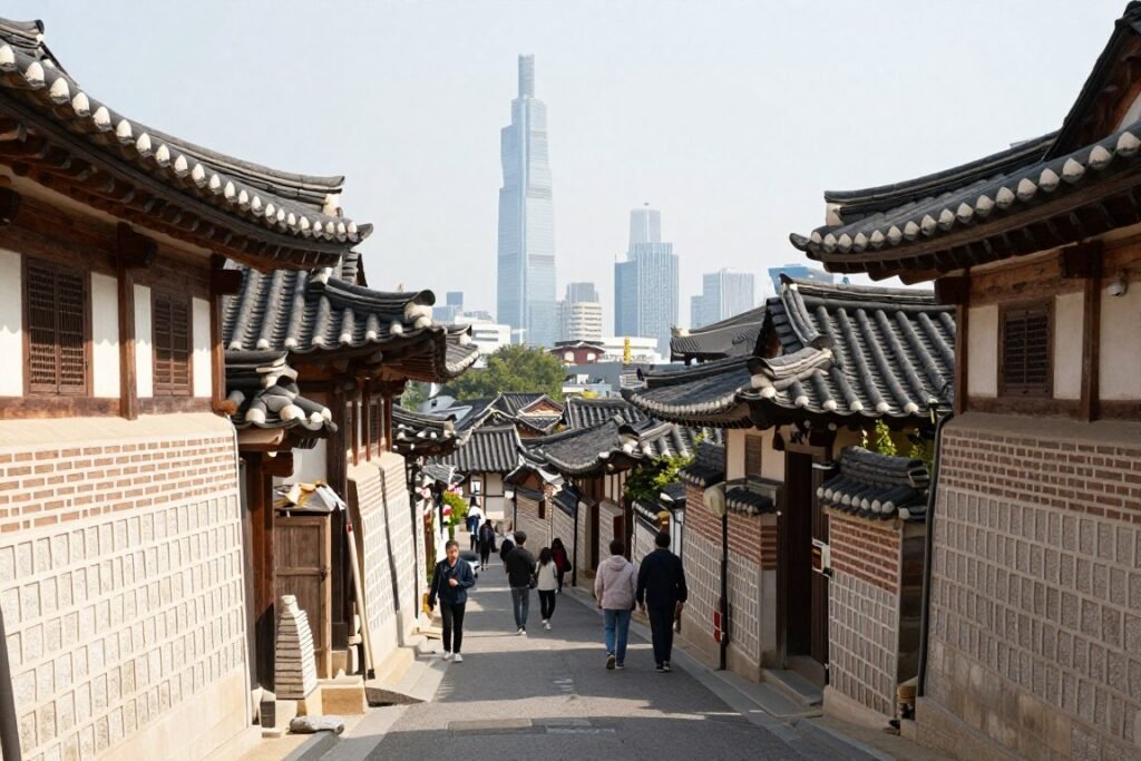 Traditional hanok houses in Bukchon Village with Seoul skyline