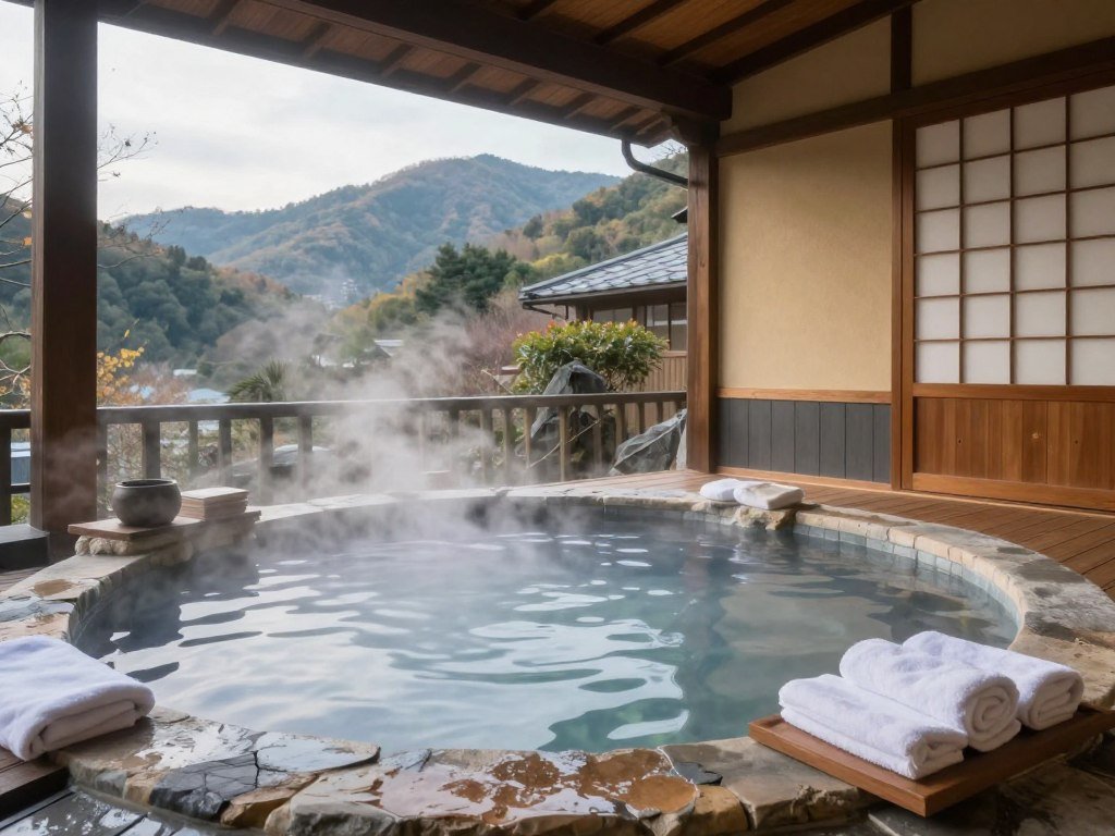 Traditional hot spring bath in Beitou with mountain views Traditional hot spring bath in Beitou with mountain views