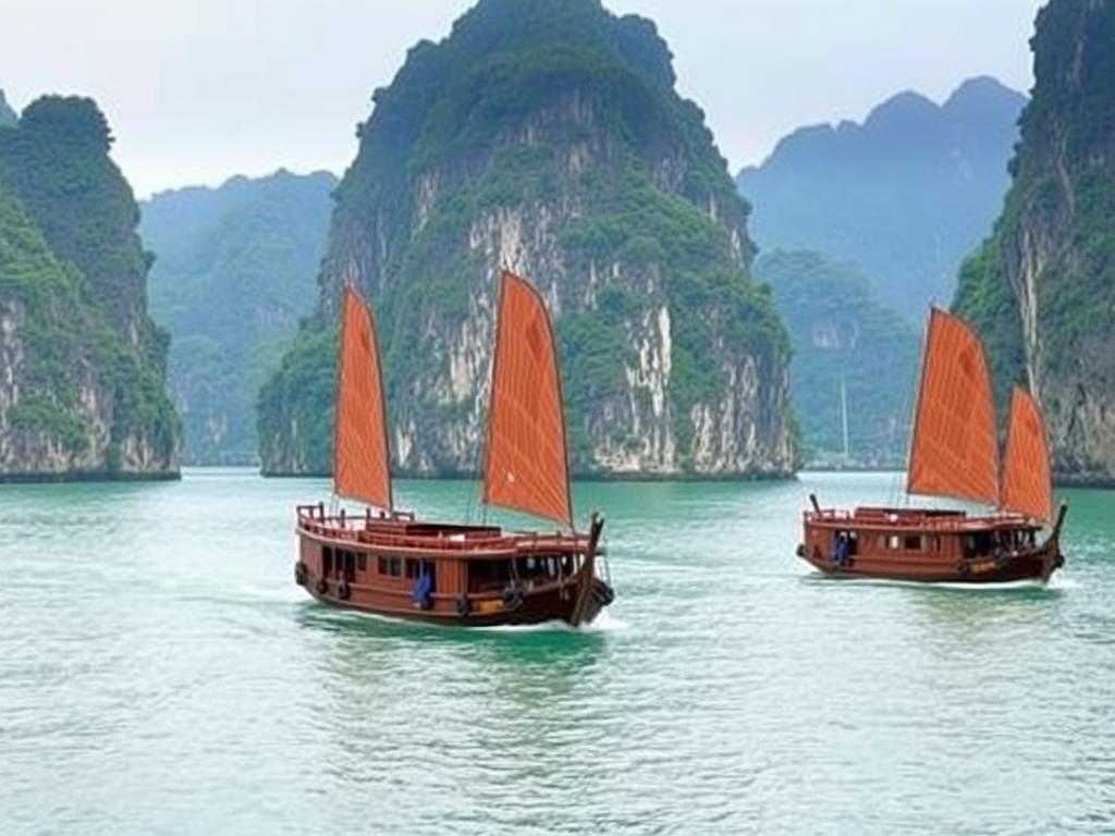 Traditional junk boats sailing through limestone karsts in Ha Long Bay - Vietnam Travel Guide