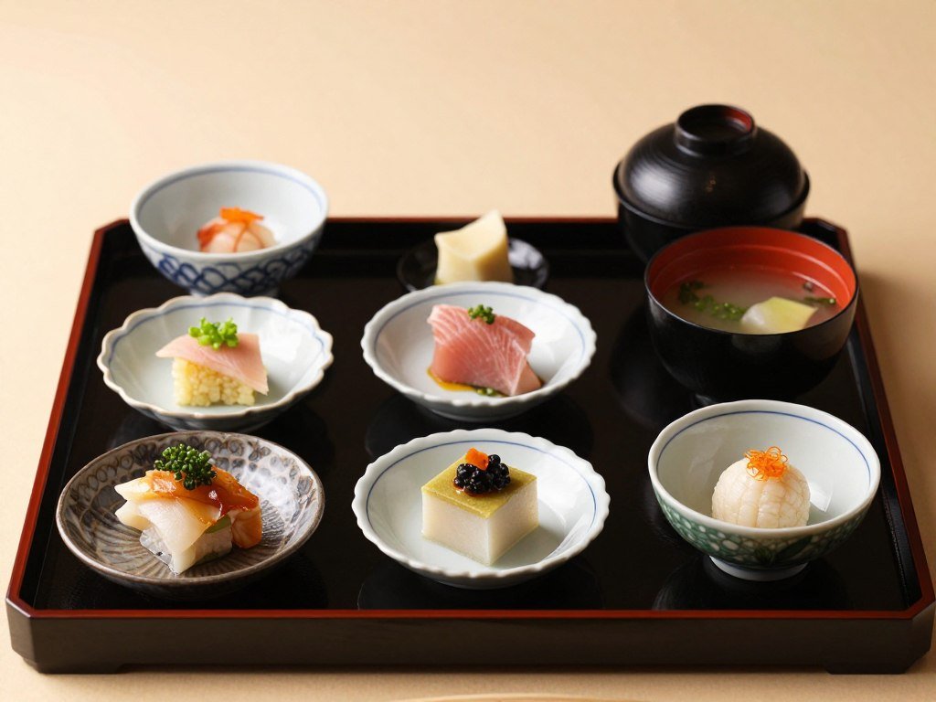 Traditional kaiseki meal with multiple small dishes on lacquerware Traditional kaiseki meal with multiple small dishes on lacquerware