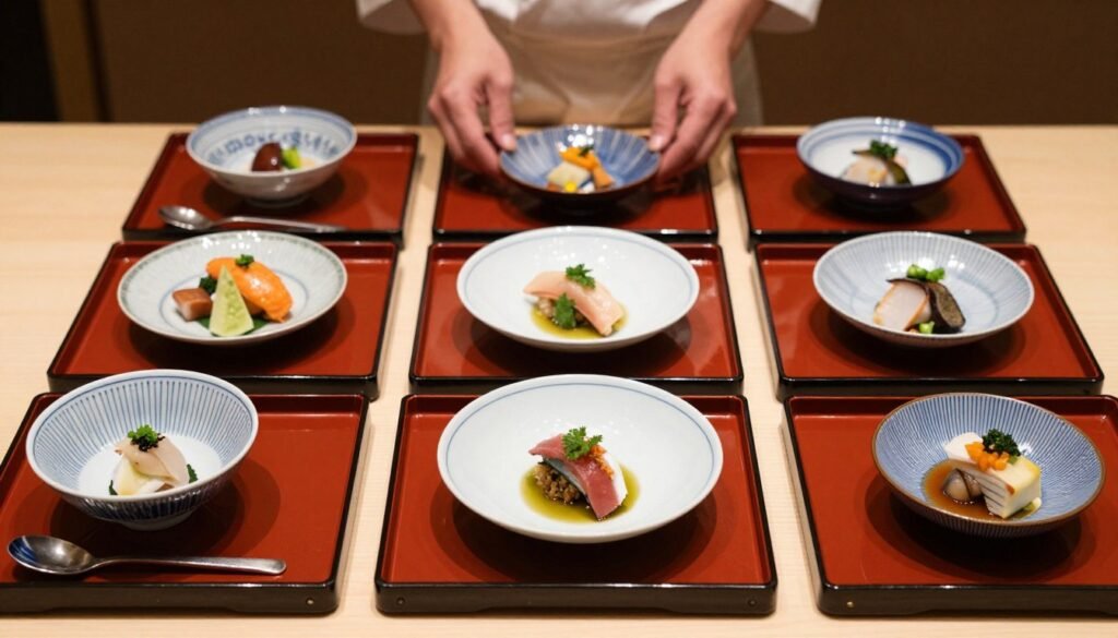 Traditional kaiseki multi-course Japanese meal with elegant presentation on lacquerware Traditional kaiseki multi-course Japanese meal with elegant presentation on lacquerware