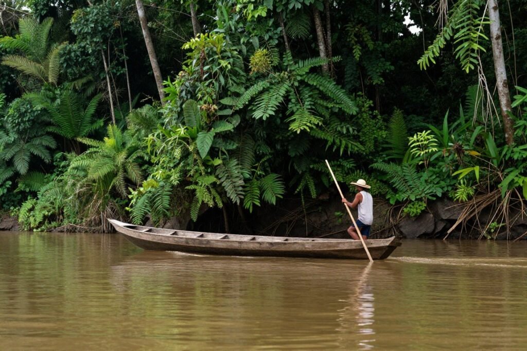 Traditional longboat on jungle river
