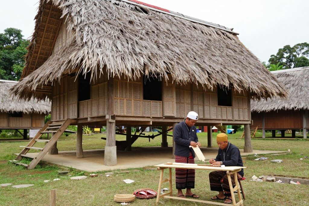 Traditional longhouse wooden architecture with local guide demonstrating crafts