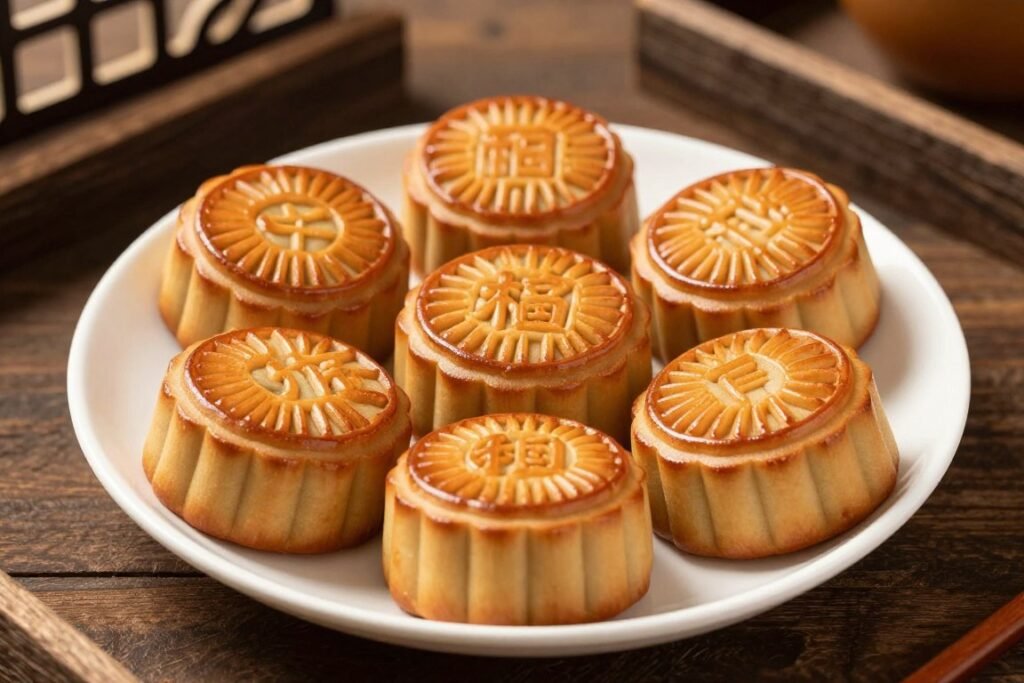 Traditional mooncakes displayed for Mid-Autumn Festival Traditional mooncakes displayed for Mid-Autumn Festival