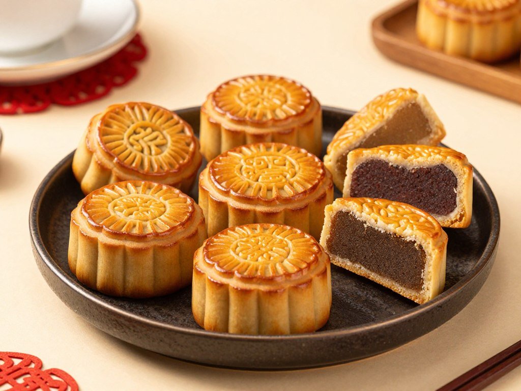 Traditional mooncakes displayed for Mid-Autumn Festival Traditional mooncakes displayed for Mid-Autumn Festival