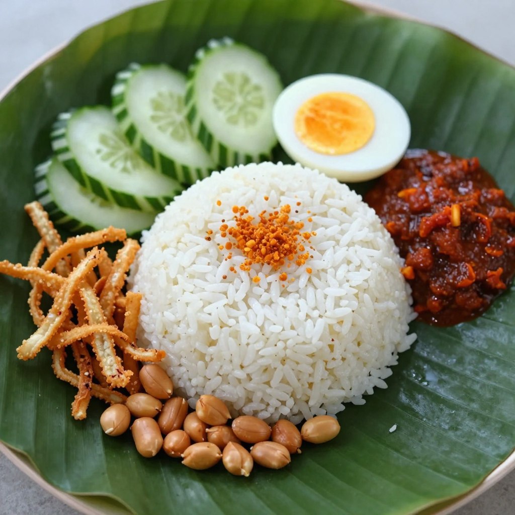 Traditional nasi lemak dish with coconut rice and accompaniments