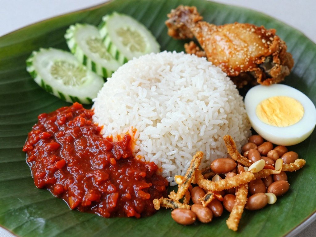Traditional nasi lemak with coconut rice, sambal, fried anchovies, peanuts and hard boiled egg showing popular street food Kuala Lumpur