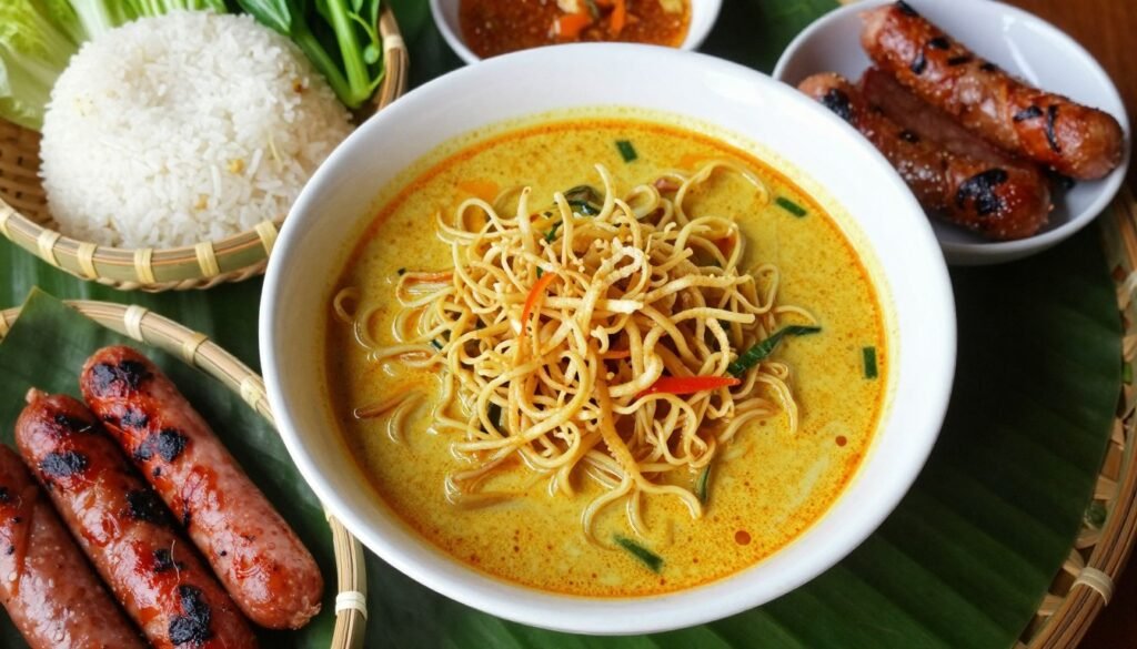 Traditional northern Thai food dishes including khao soi and sai oua sausage