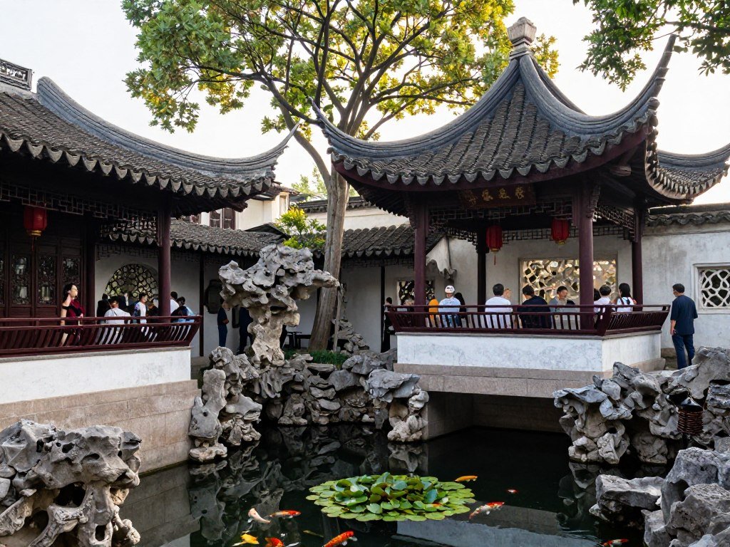 Traditional pavilions and rock gardens at Yu Garden in Shanghai