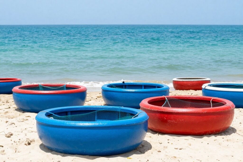 Traditional round Vietnamese fishing boats on Mui Ne beach