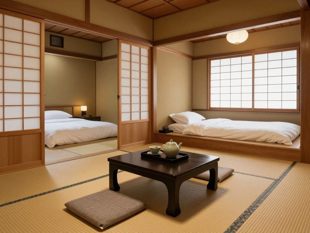 Traditional ryokan room in Asakusa with tatami mats