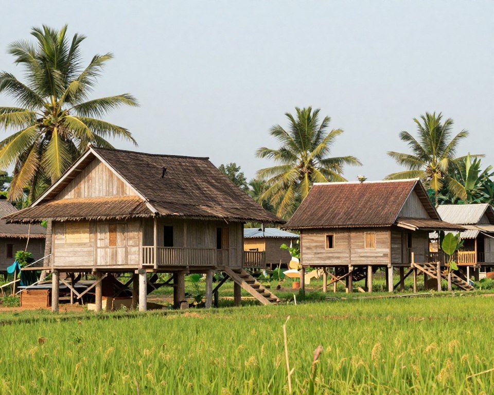 Traditional stilted houses in Cambodian countryside village Traditional stilted houses in Cambodian countryside village