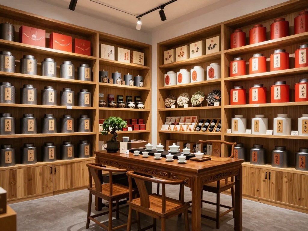 Traditional tea shop interior with shelves of tea containers Traditional tea shop interior with shelves of tea containers