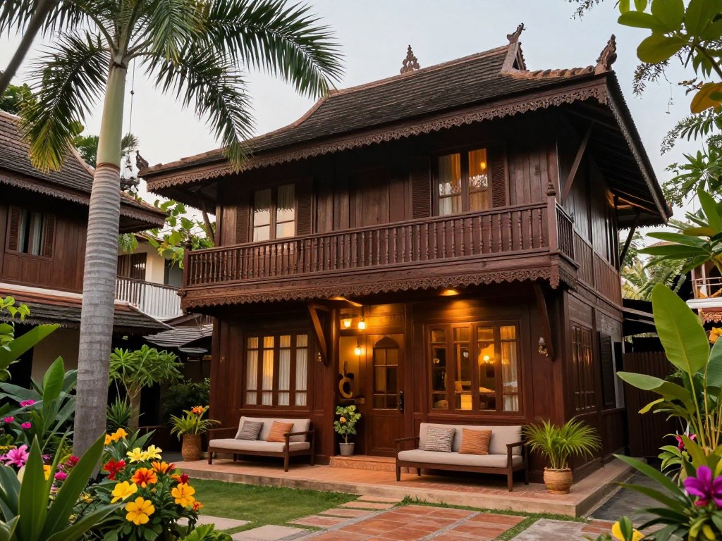 Traditional teak wood guesthouse in Chiang Mai old city with tropical garden