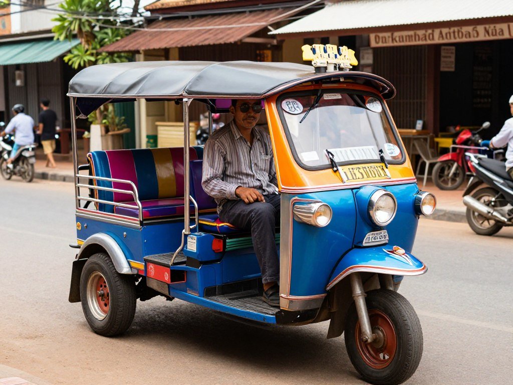 Traditional tuk-tuk waiting on Siem Reap street Traditional tuk-tuk waiting on Siem Reap street