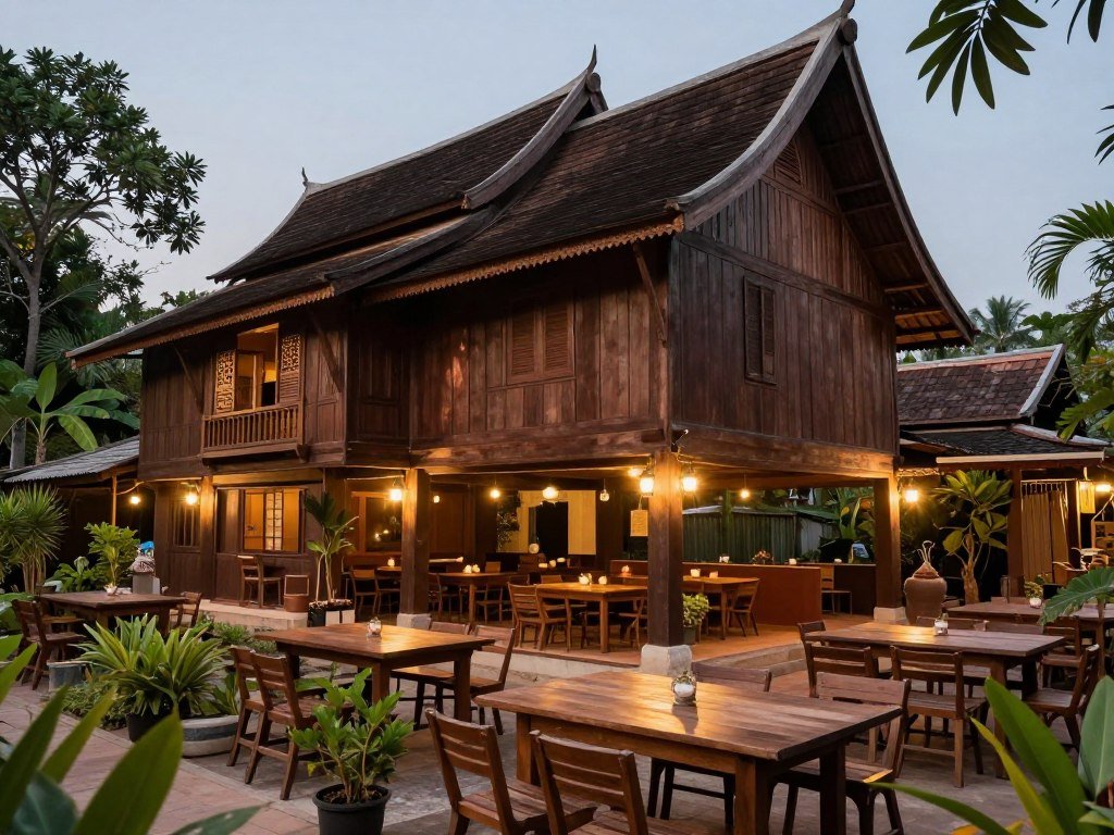 Traditional wooden Lanna house at Huen Muan Jai restaurant in Chiang Mai with outdoor seating Traditional wooden Lanna house at Huen Muan Jai restaurant in Chiang Mai with outdoor seating