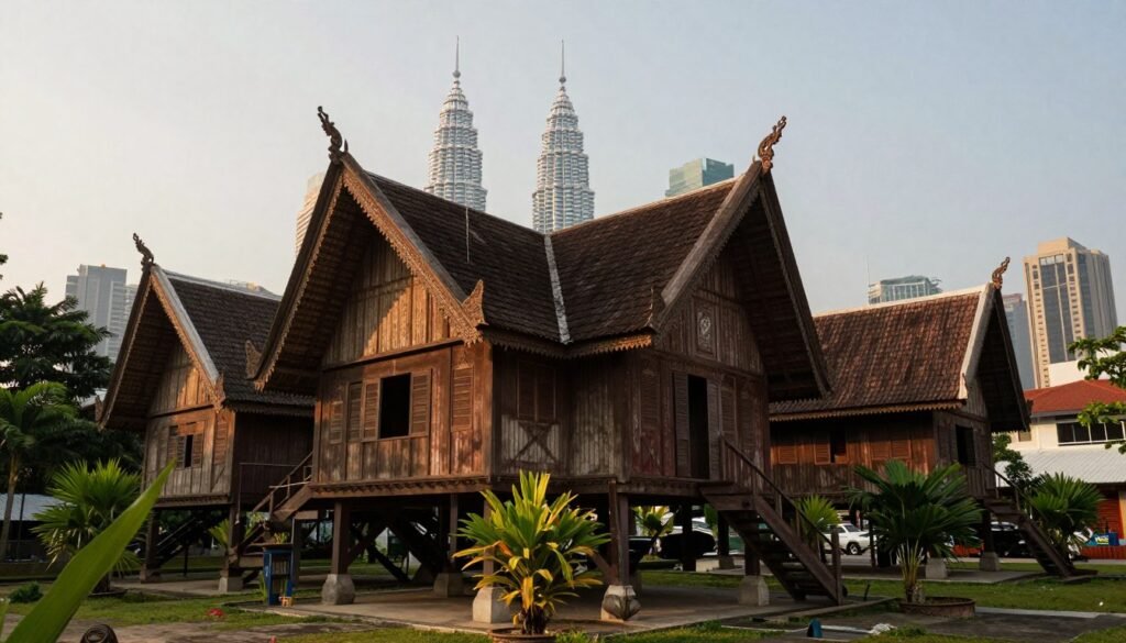 Traditional wooden Malay houses with modern skyscrapers visible in background