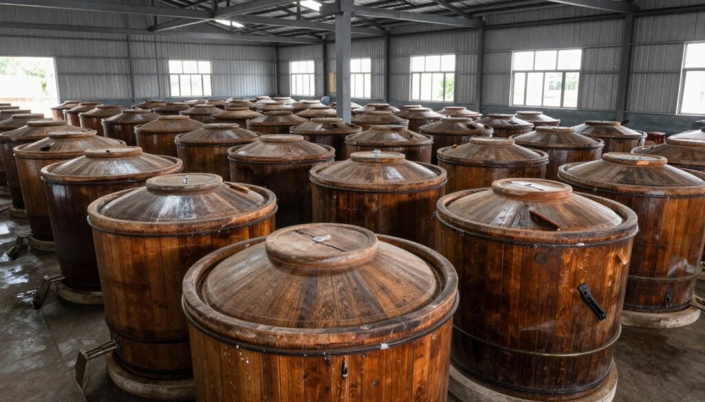 Traditional wooden barrels for fermenting fish sauce