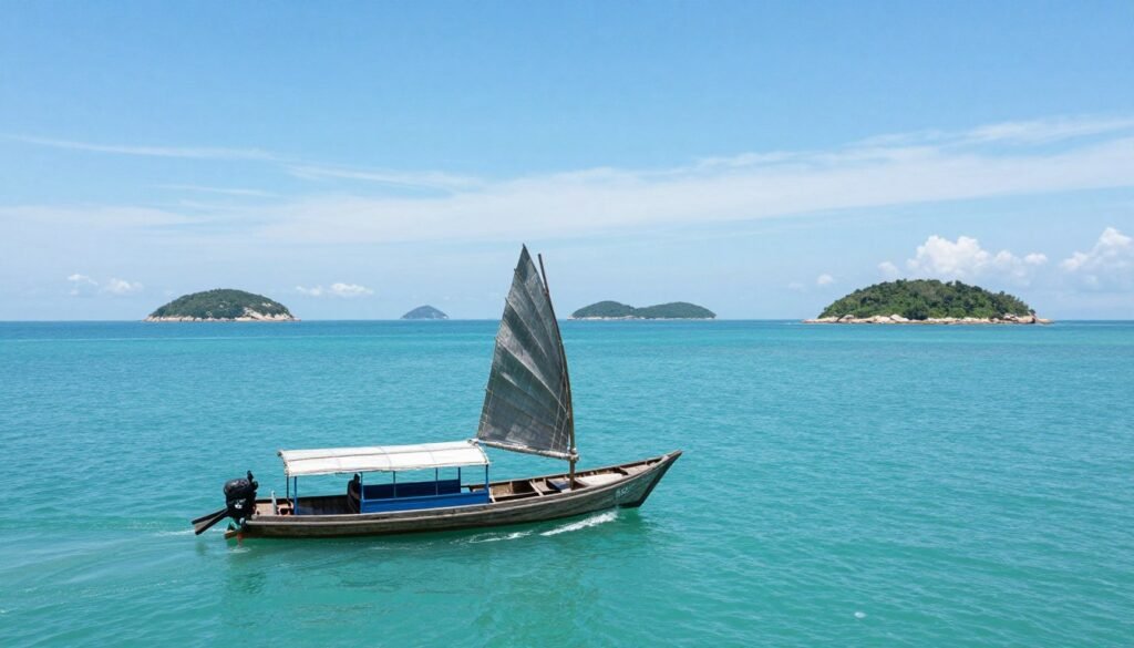 Traditional wooden boat sailing past small tropical islands