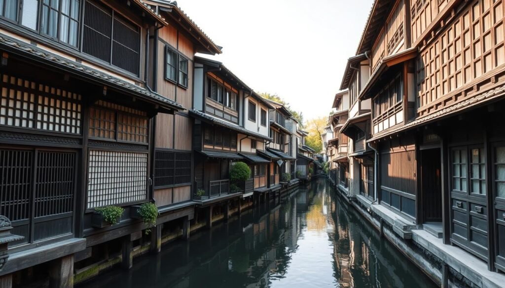 Traditional wooden houses along a canal in the historic district of Kanazawa, Japan