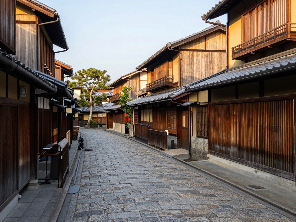 Traditional wooden machiya houses lining narrow street in historic Kyoto district Traditional wooden machiya houses lining narrow street in historic Kyoto district