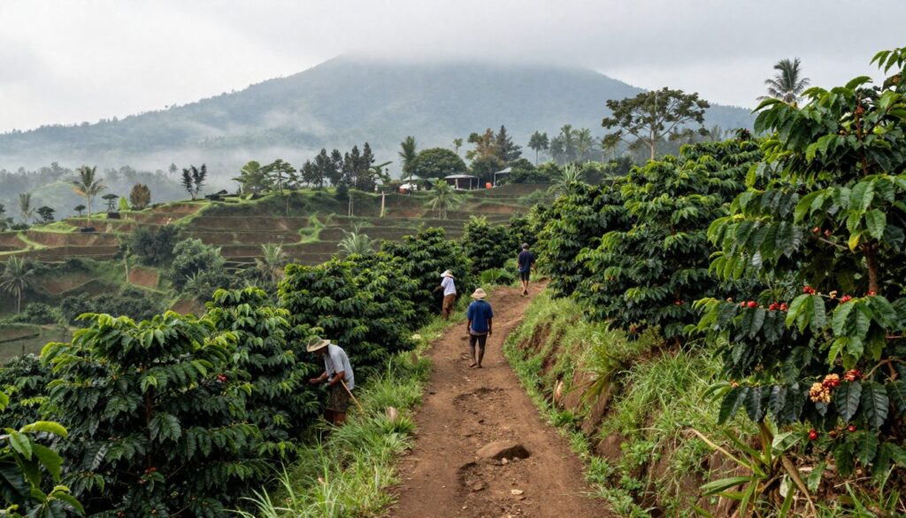 Trail through coffee plantation to Red Coral waterfall