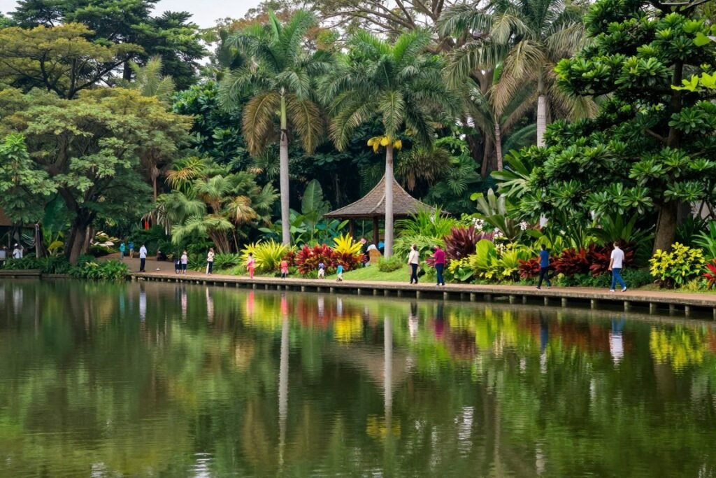 Tranquil lake surrounded by lush tropical gardens in Perdana Botanical Gardens