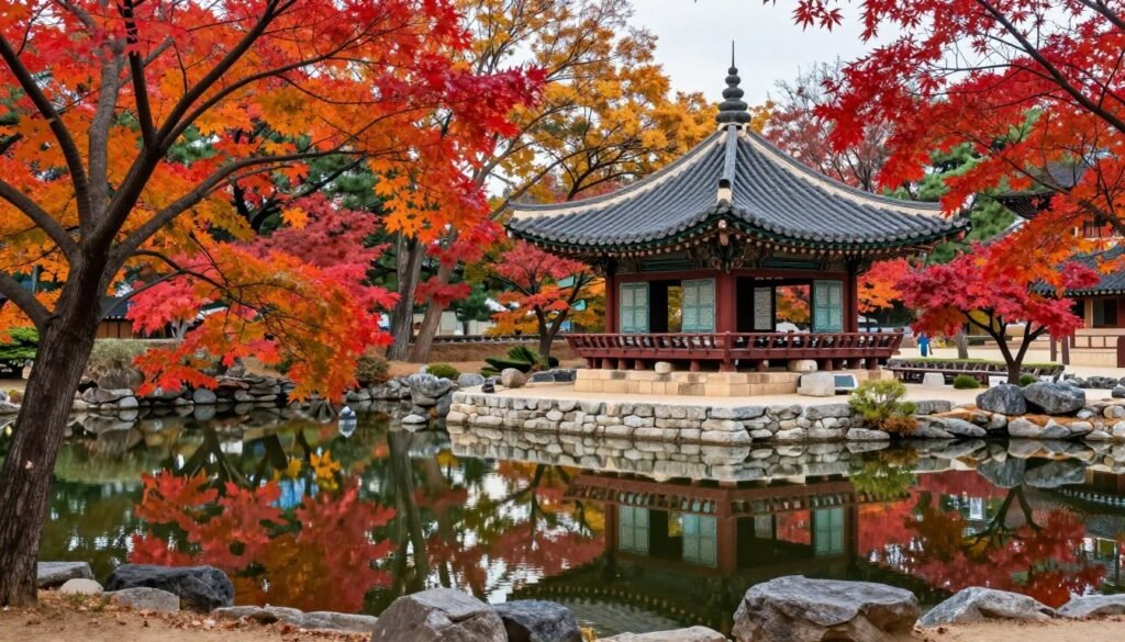 Tranquil pond with pavilion in Changdeokgung Secret Garden surrounded by autumn foliage
