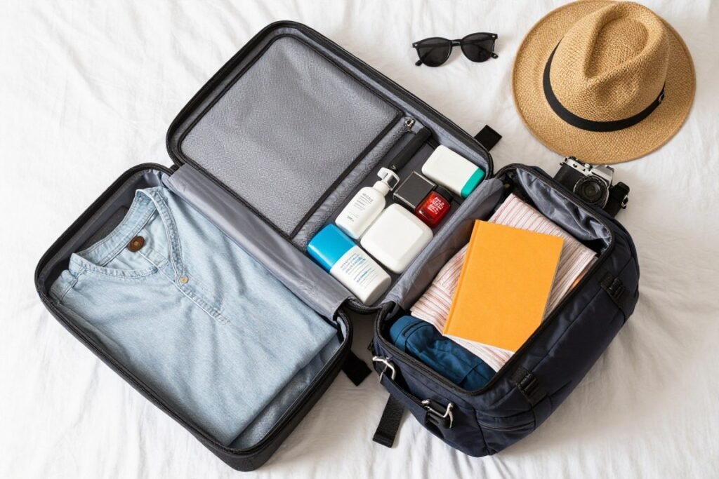 Travel backpack packed with clothing and essentials