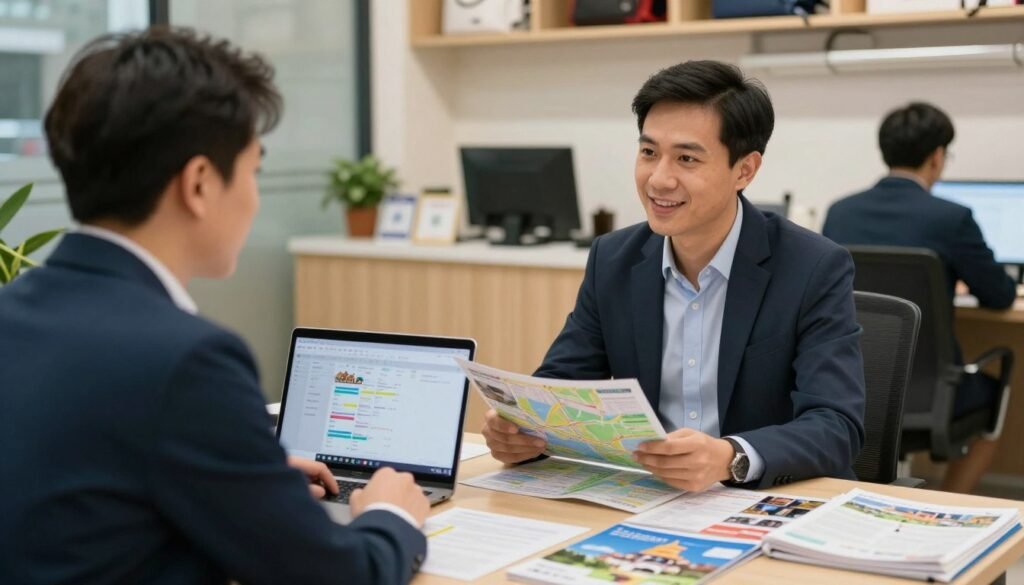 Travel consultant helping tourists plan Vietnam trip