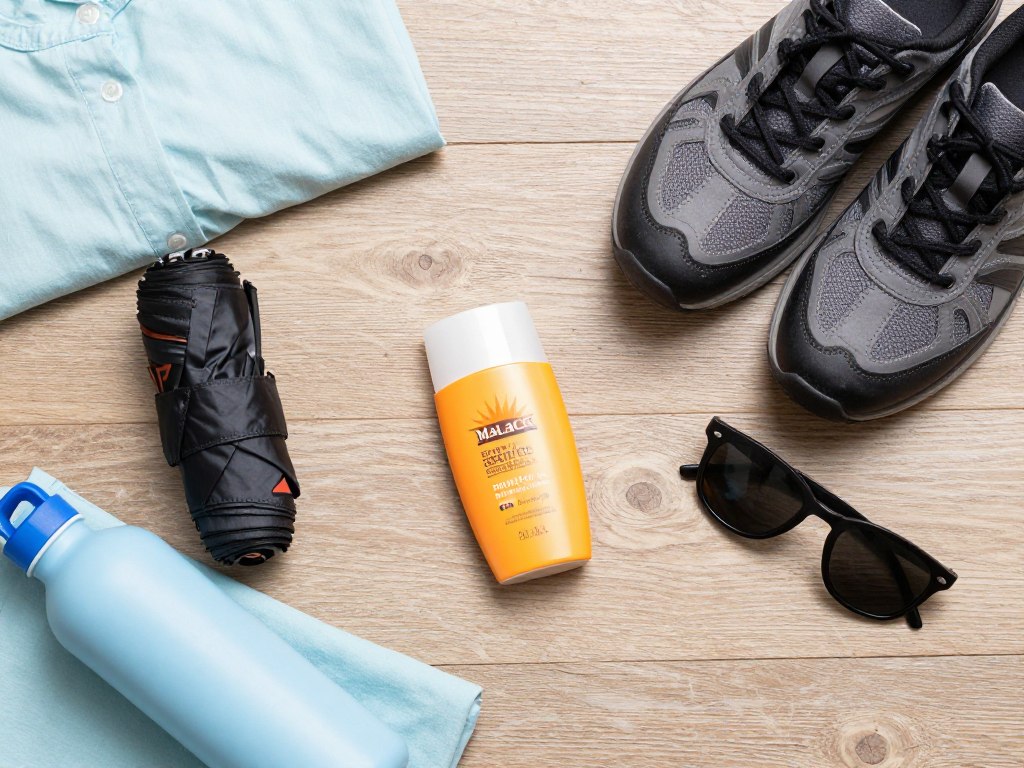 Travel essentials for Malacca including umbrella, sunscreen, and comfortable shoes