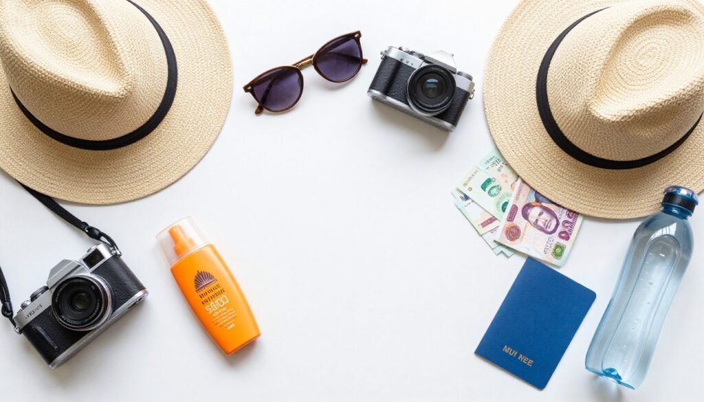 Travel essentials laid out for Mui Ne beach vacation