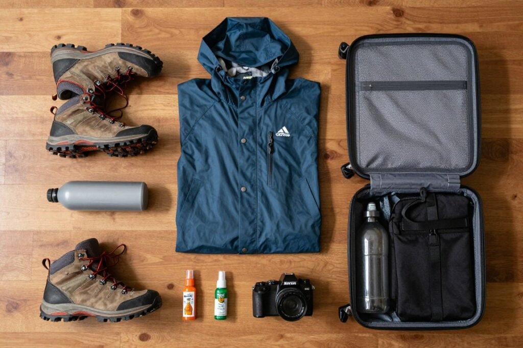 Travel gear laid out for Sarawak trip