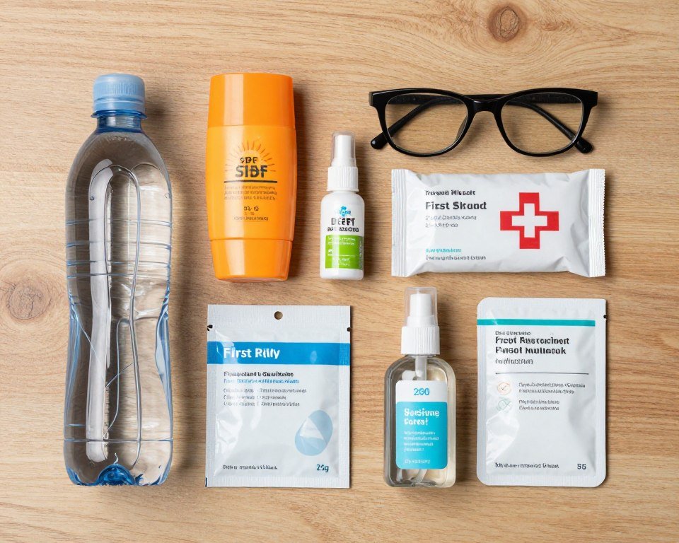 Travel health essentials including sunscreen and insect repellent