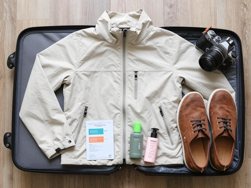 Travel packing layout with clothing and essentials for Bandung