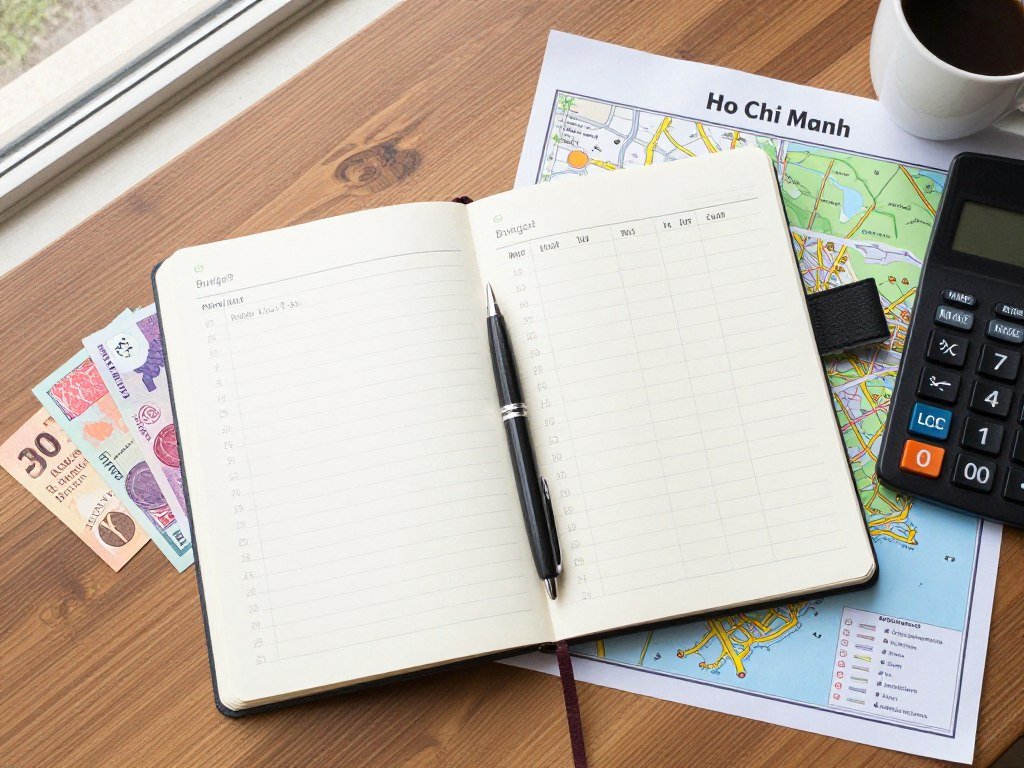 Travel planning notebook with budget calculations and Vietnam map