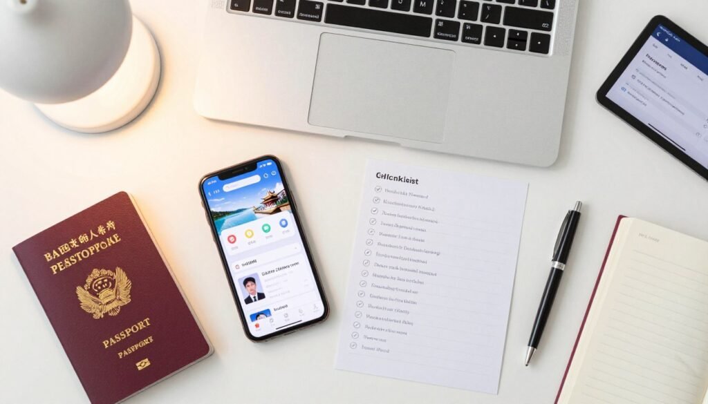 Travel preparation desk with smartphone, passport, and Beijing guidebook showing app setup checklist