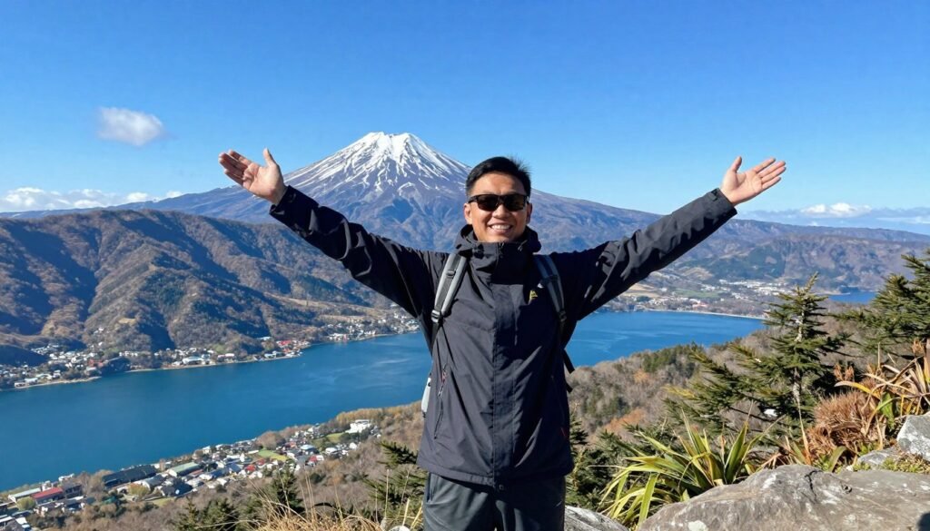Traveler enjoying scenic Hokkaido view overlooking mountains and lakes